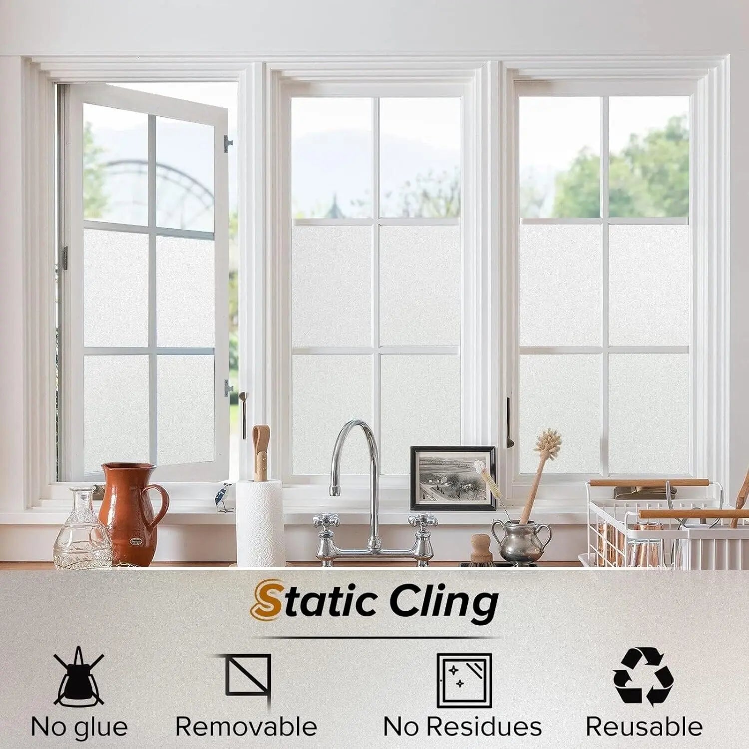 Rabbitgoo Non Adhesive Frosted Glass Film Anti UV Privacy Window Film RABBITGOO
