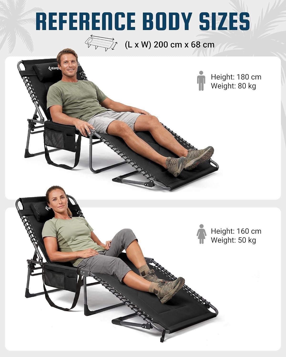 Sun Lounger Garden Recliner Folding Padded Black 200x68cm KingCamp XL 1 Pack