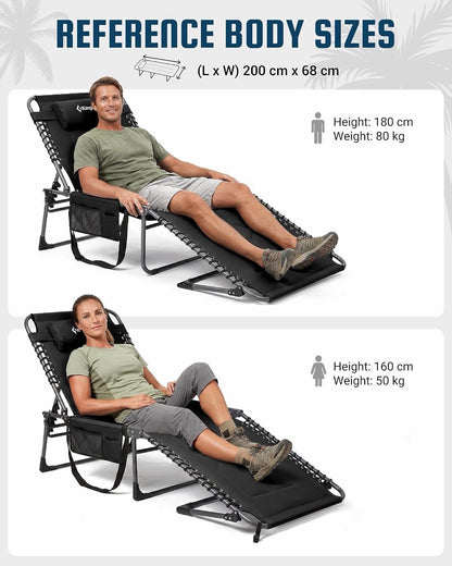 Sun Lounger Garden Recliner Folding Padded Black 200x68cm KingCamp XL 1 Pack