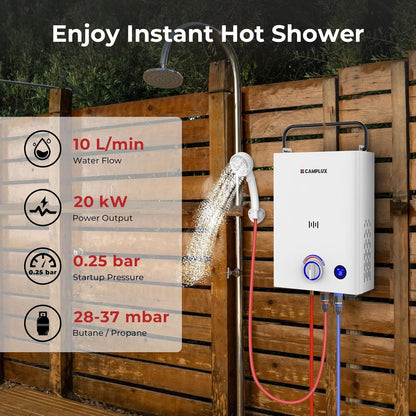 Portable Gas Water Heater 10L Camping Shower Propane Butane CAMPLUX F10 20kW