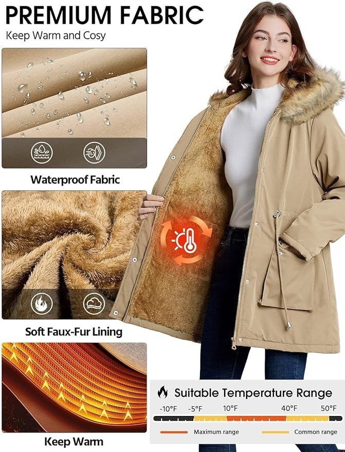 Womens Parka Jacket Coat Winter Waterproof Fleece Lined Hooded Khaki XL