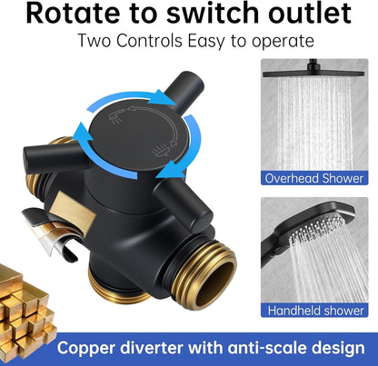 Shower Riser Rail Kit Black 25cm Rainfall Head Handheld Brass Diverter Tap Set