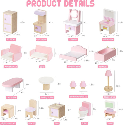 Dollhouse Furniture Set Wooden 22pcs 5 Room Miniature 1:12 Kids Toy Pink