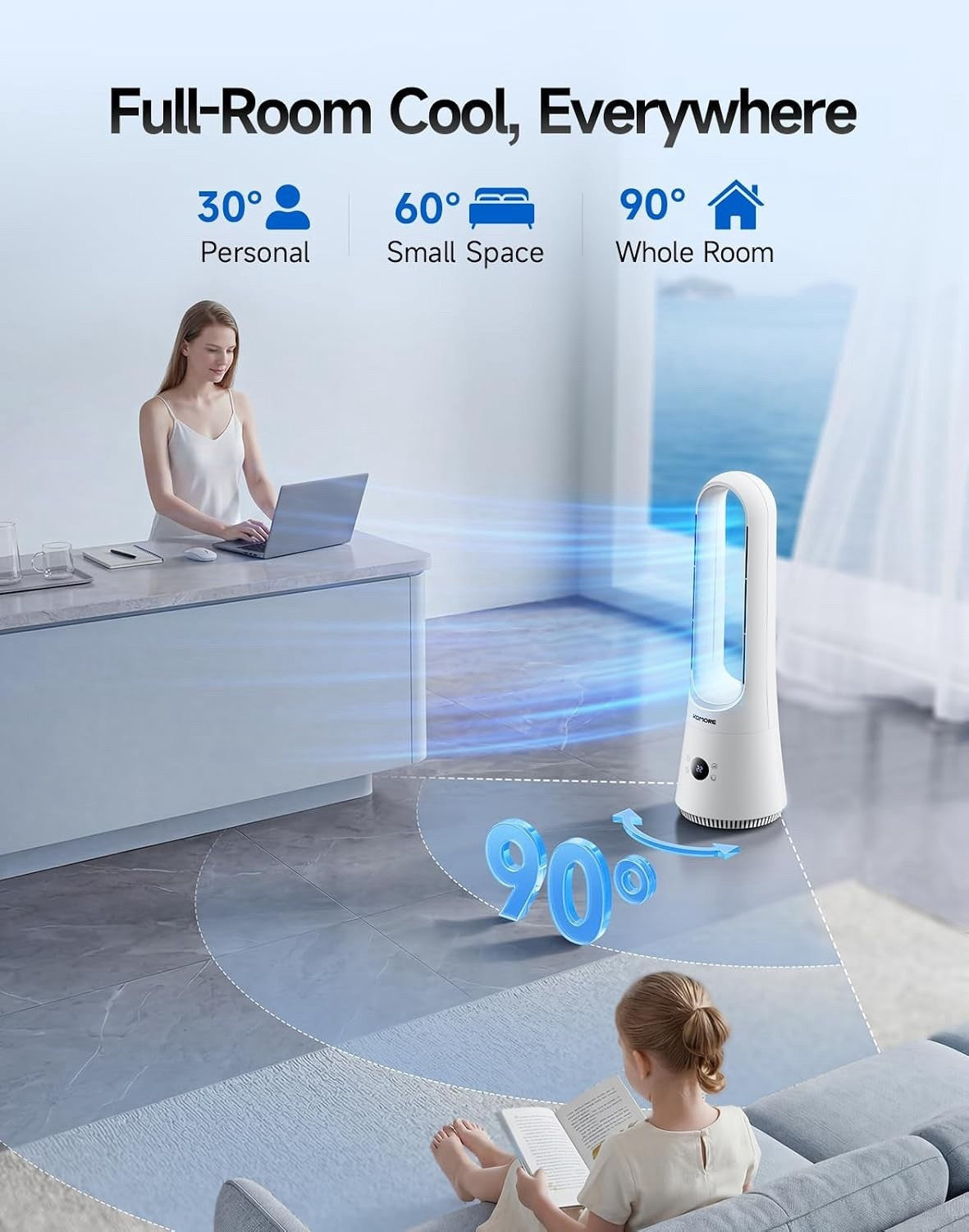 Bladeless Tower Fan Heater 2-in-1 8 Speed 90° Oscillating Remote App 9H Timer