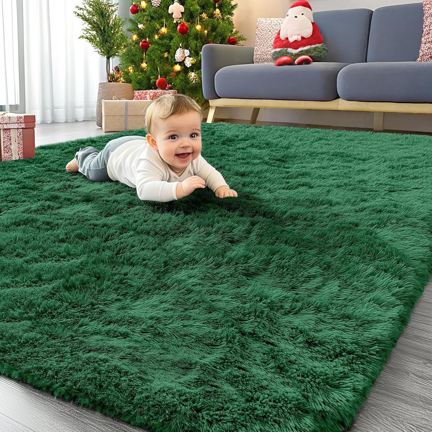 Large Shaggy Rug 200x280cm Dark Green Washable Non Slip Soft Bedroom Carpet