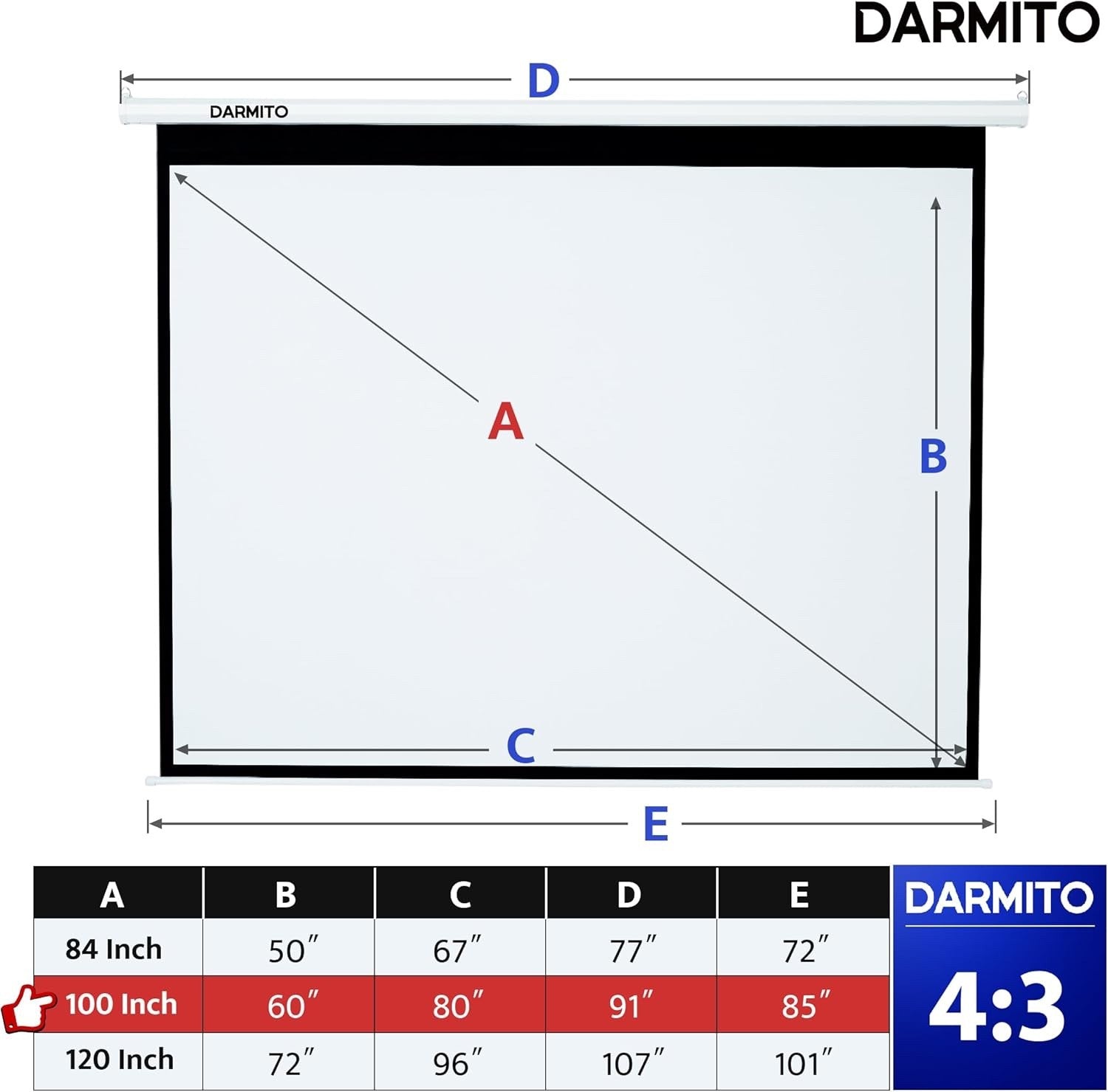 Darmito 100" 4:3 Motorised Projector Screen HD 3D 4K 8K +1.2 Gain with Remote