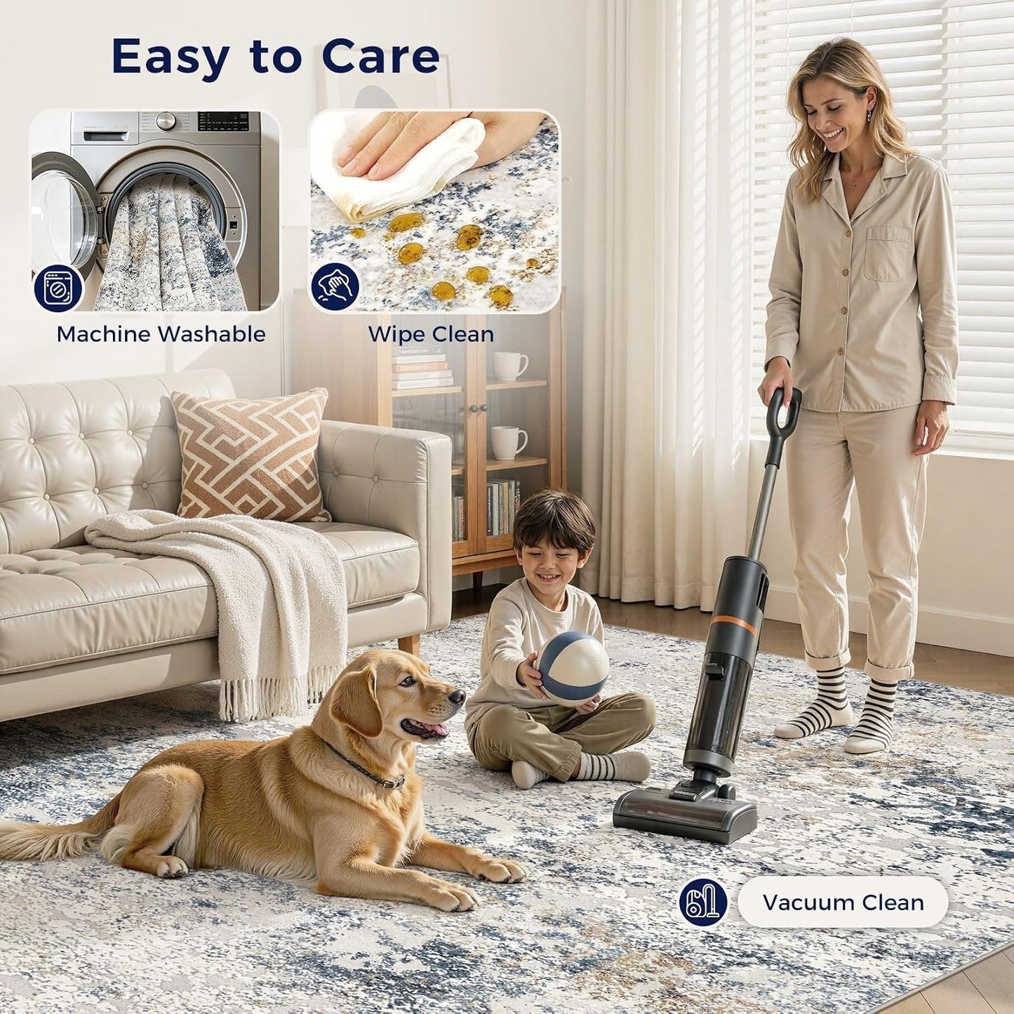 Area Rug Living Room 160x230cm Beige Blue Washable Abstract Soft Non Slip Carpet