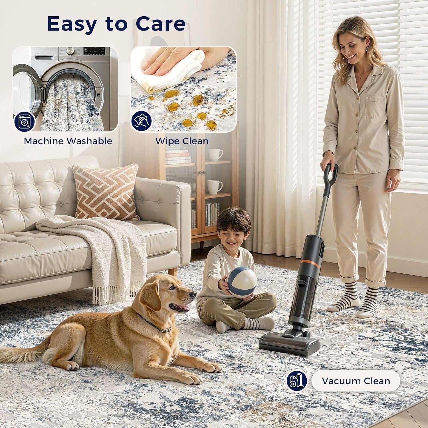 Area Rug Living Room 160x230cm Beige Blue Washable Abstract Soft Non Slip Carpet