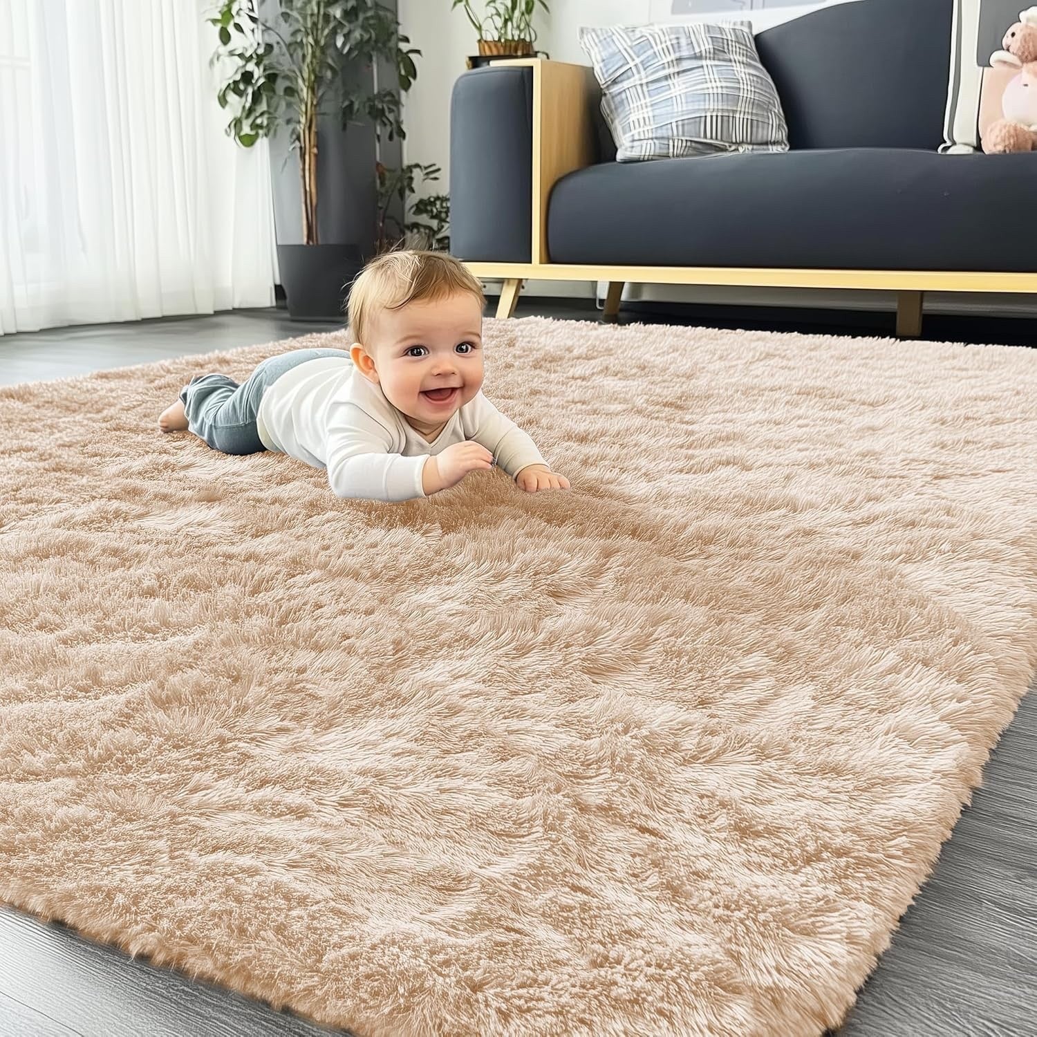 Large Shaggy Area Rug 300x400cm Beige Fluffy Non Slip Washable Carpet Kids Mat