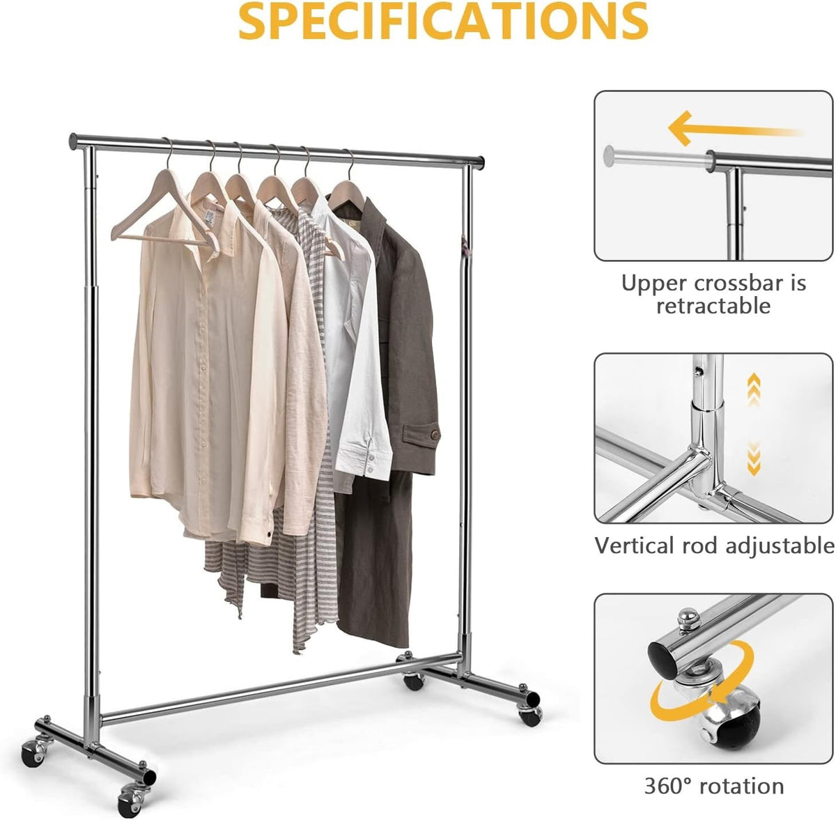 Clothes Rail Garment Rack Heavy Duty Adjustable Chrome Wheeled 90-132cm 100kg