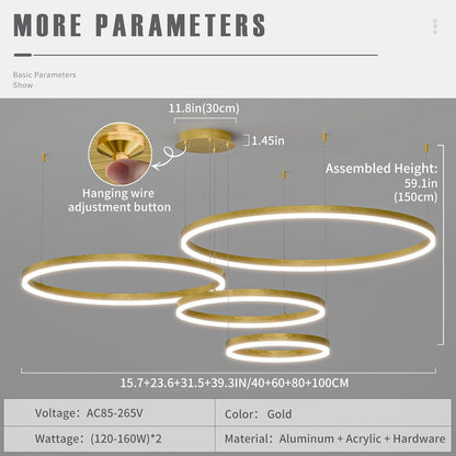 4 Ring LED Pendant Light 40+60+80+100cm Gold Dimmable 3000-6500K Kitchen Island