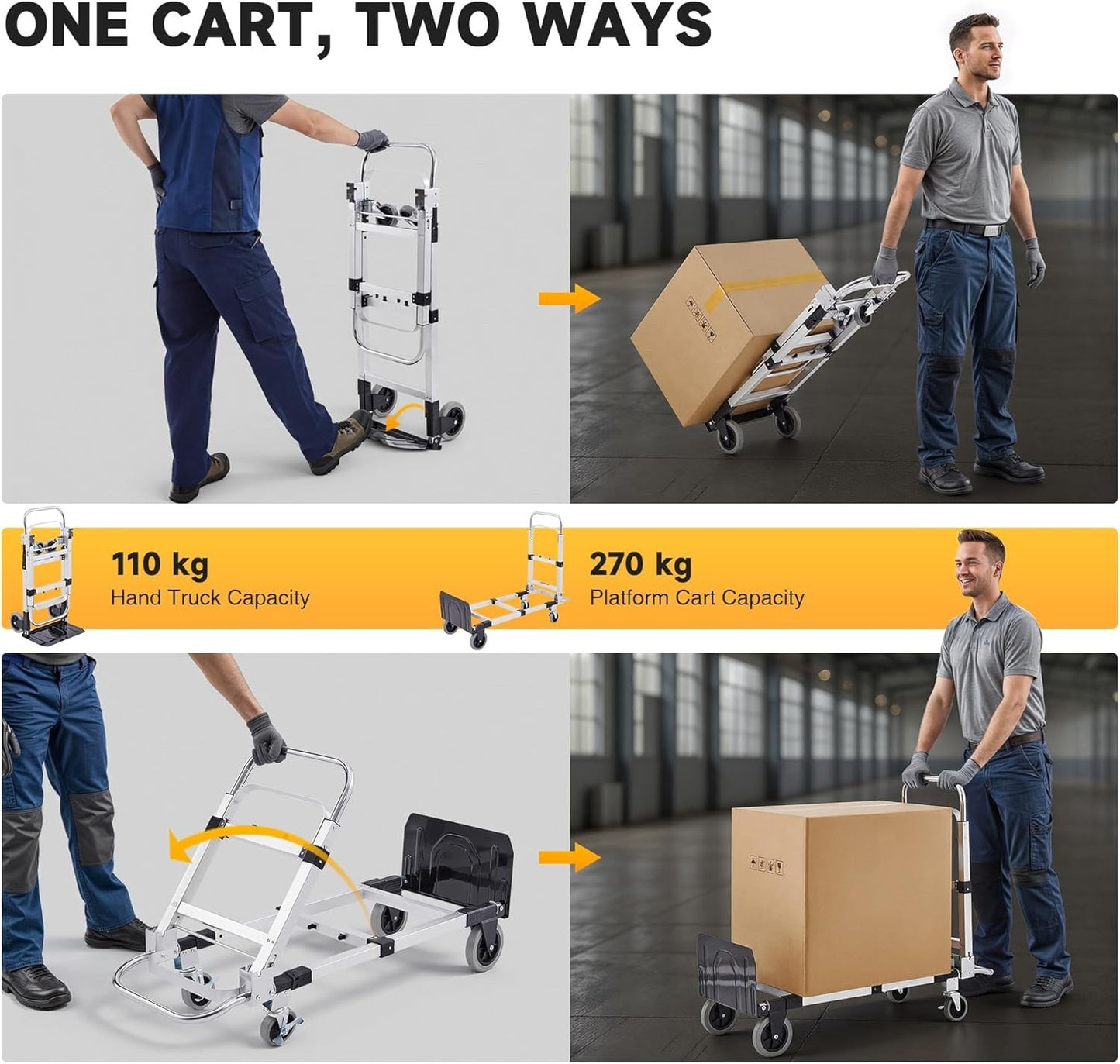 Convertible Hand Truck 2in1 Folding Dolly Cart 110KG Aluminum Adjustable