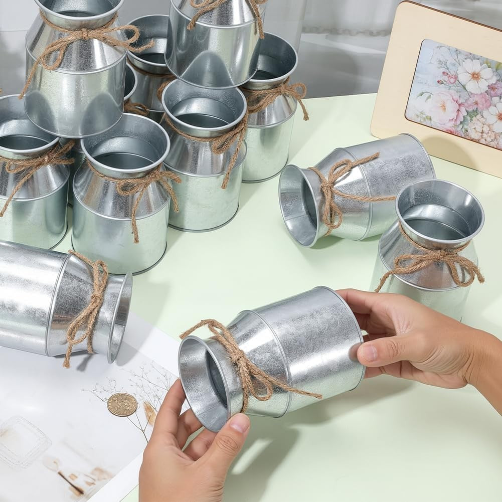 Flower Vases Metal Milk Cans 12 Pack Silver Rustic Galvanised Wedding Table