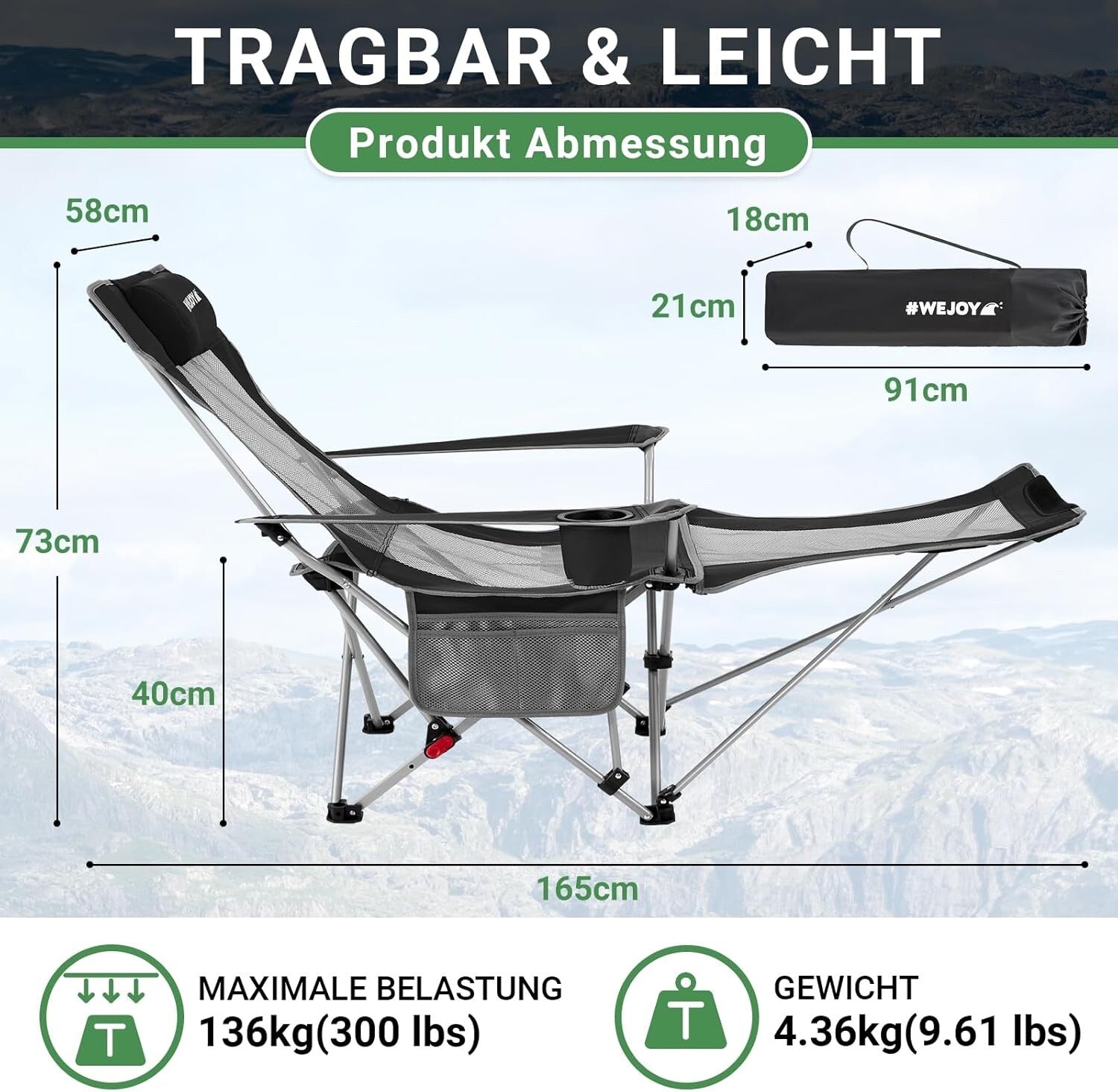 #WEJOY Folding Camping Chairs Reclining Adjustable with Detachable Footrest