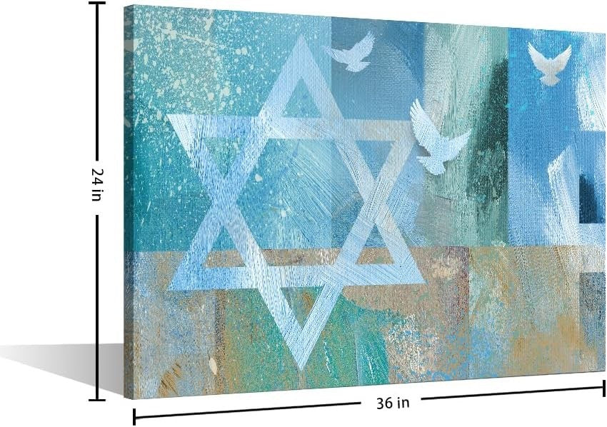 Star David Wall Art Canvas 36x24in Framed Three Doves Jewish Home Decor Print