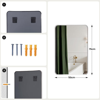 Wall Mirror 50x75cm Rectangular Bathroom Bedroom Silver Metal Frame Modern