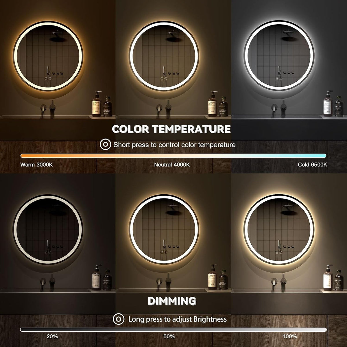LED Bathroom Mirror Bluetooth Round 500mm Speaker Anti Fog Dimmable Backlit IP44