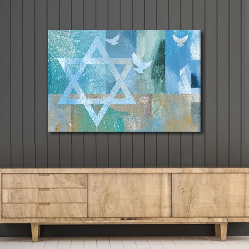 Star David Wall Art Canvas 36x24in Framed Three Doves Jewish Home Decor Print