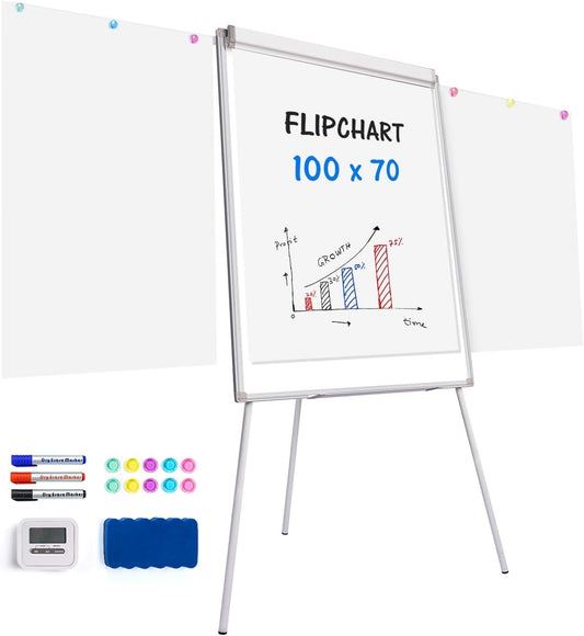 Magnetic Flip Chart Whiteboard Stand 100x70cm Adjustable Portable Easel Board
