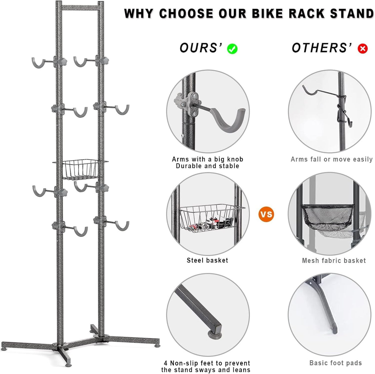 Bike Storage Rack Stand 4 Bicycle Floor Holder Garage Organiser with Basket