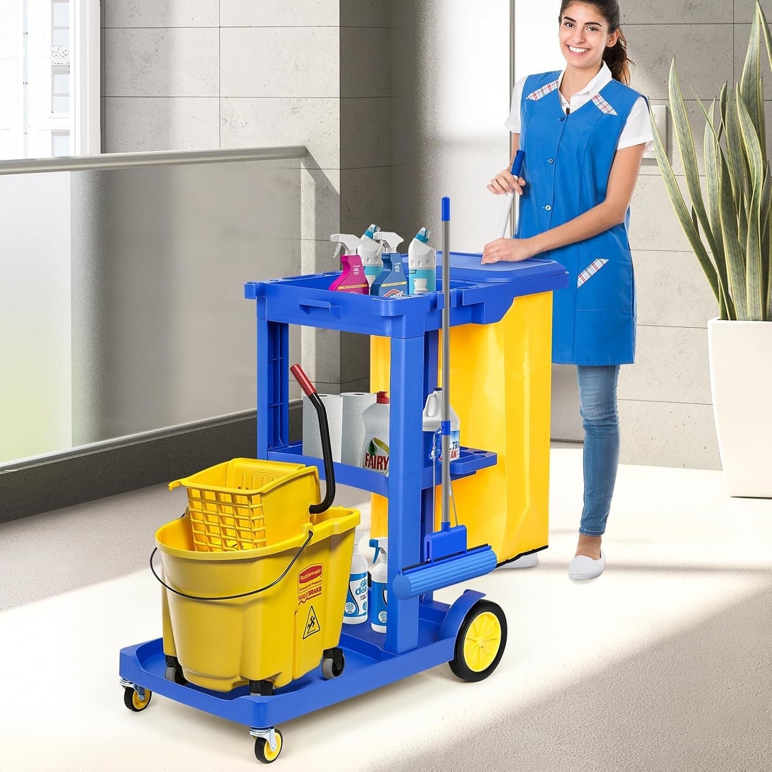 Heavy Duty Janitorial Cleaning Trolley Cart 3 Tier with Vinyl Bag Wheels Blue