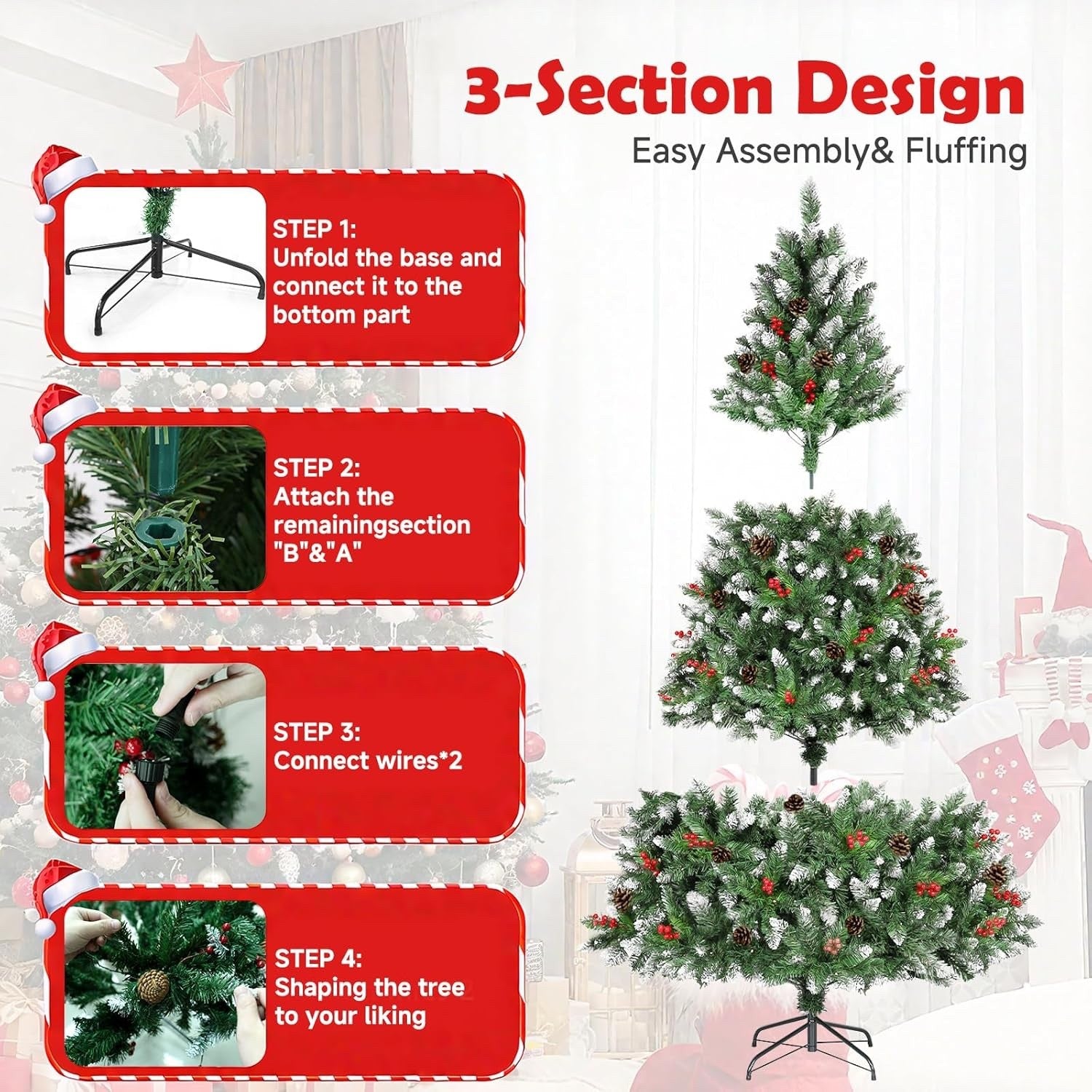 6FT Pre Lit Artificial Christmas Tree 300 Lights 847 Tips Pinecones Stand