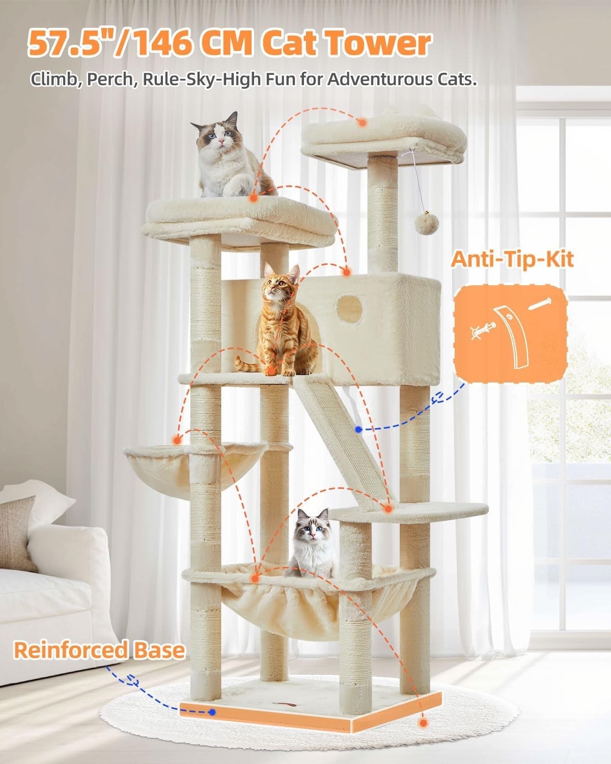 Cat Tree Scratching Tower 146cm Large Indoor Condo Hammock 8 Sisal Posts Beige