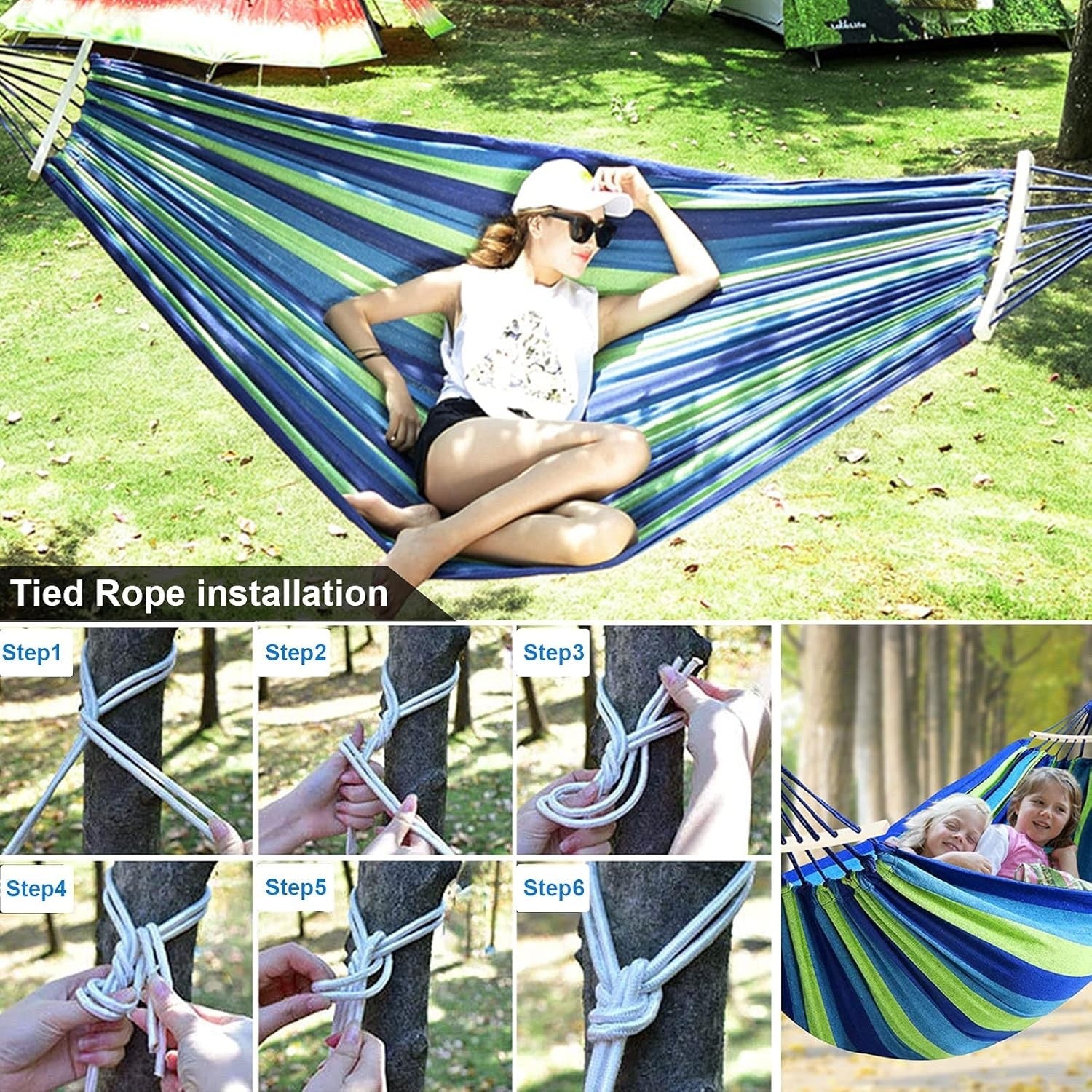 Double Cotton Hammock Stand Adjustable Steel Frame Blue 2 Person Carry Bag Set