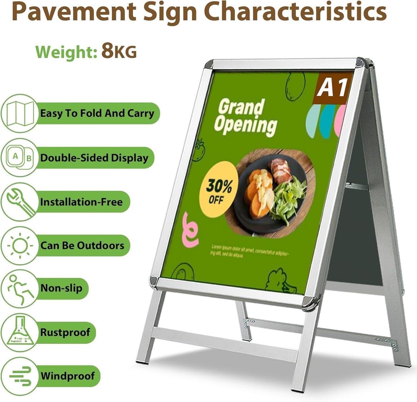 A1 Pavement Sign Board Double Sided Aluminium Snap Frame Poster Display Stand