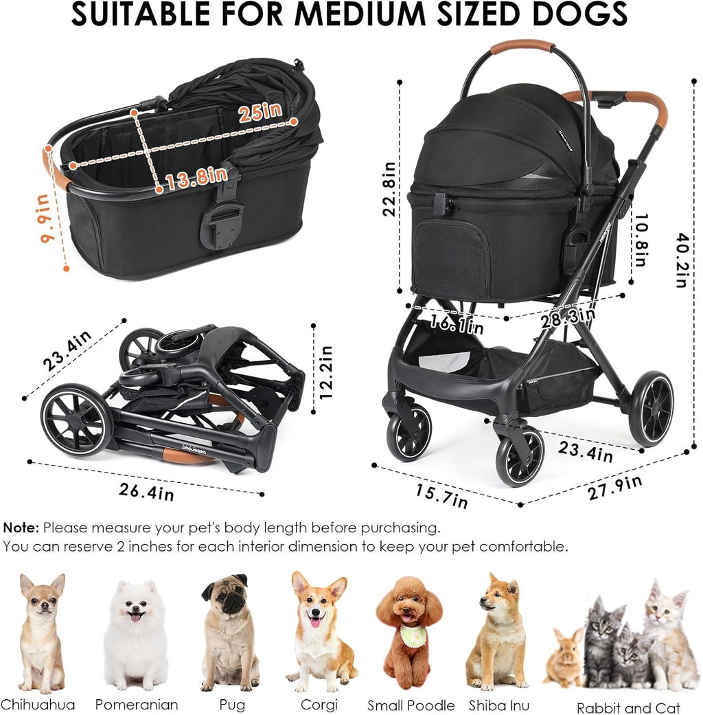 3 in 1 Pet Stroller Medium Dogs 66lbs Foldable Carrier Pushchair w Mattress