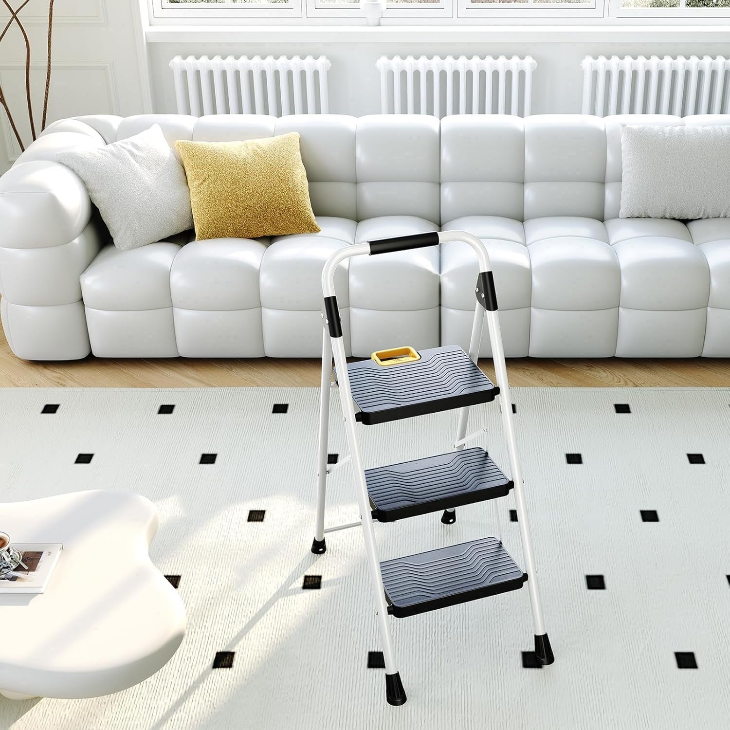 3 Step Folding Ladder Step Stool 800lb Capacity Safety Lock Handrail