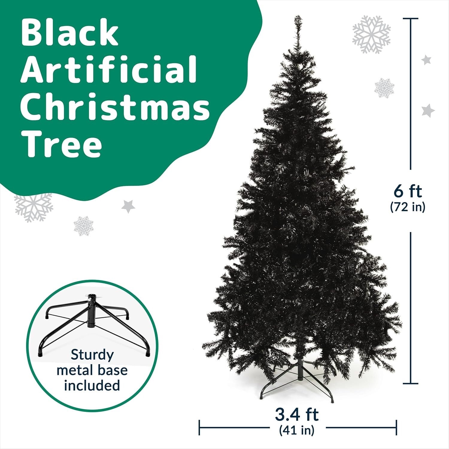 Prextex 6FT Black Artificial Christmas Tree Canadian Fir with Metal Stand Indoor