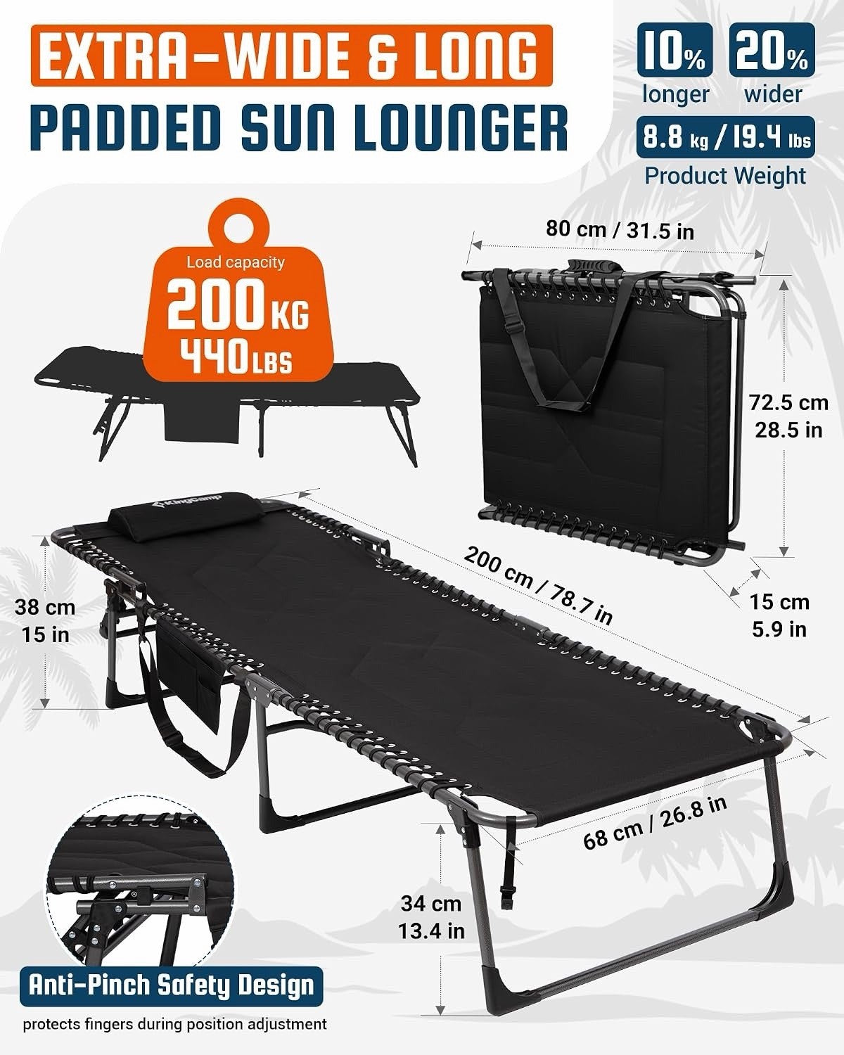 Sun Lounger Garden Recliner Folding Padded Black 200x68cm KingCamp XL 1 Pack