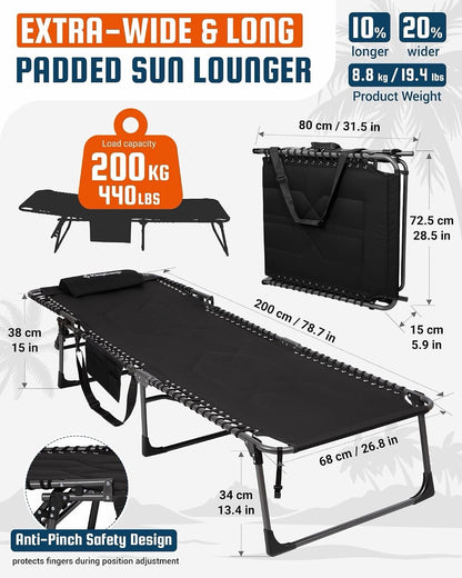 Sun Lounger Garden Recliner Folding Padded Black 200x68cm KingCamp XL 1 Pack