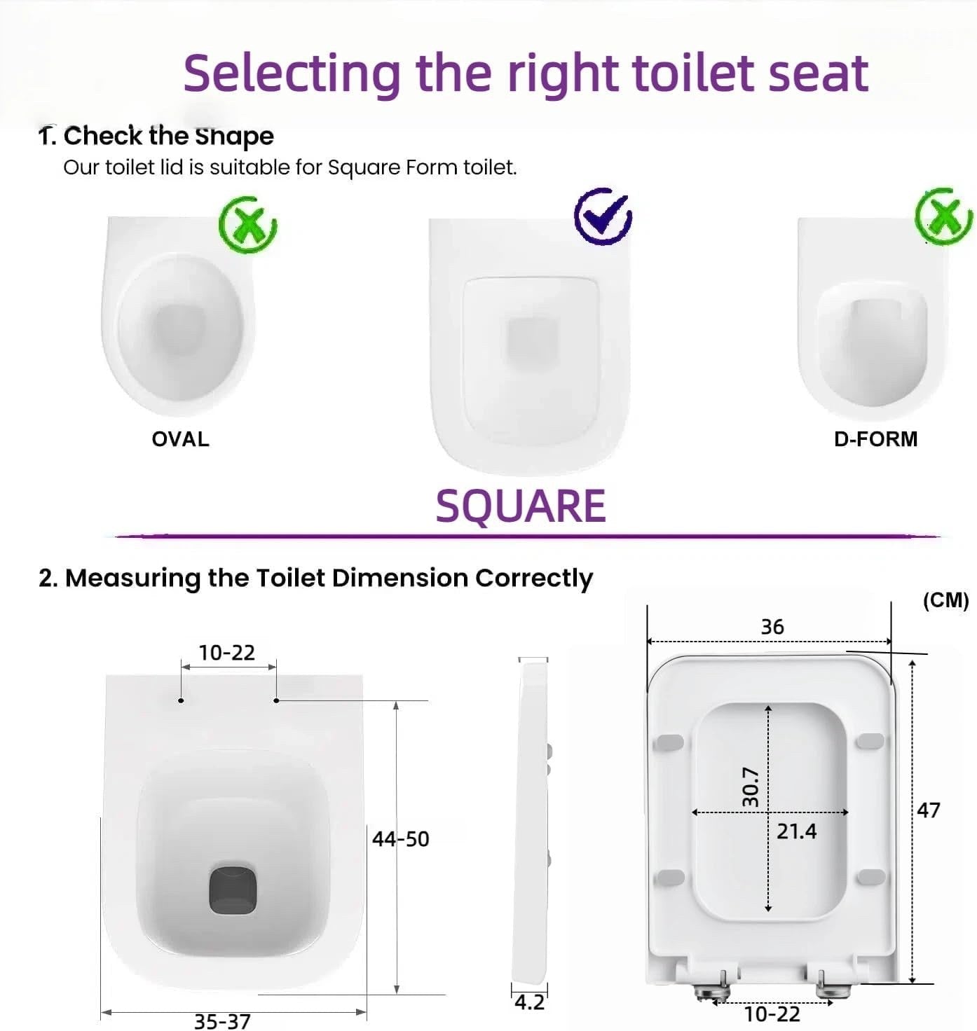 Square Toilet Seat Soft Close White Quick Release Top Bottom Fix 47x36cm WC