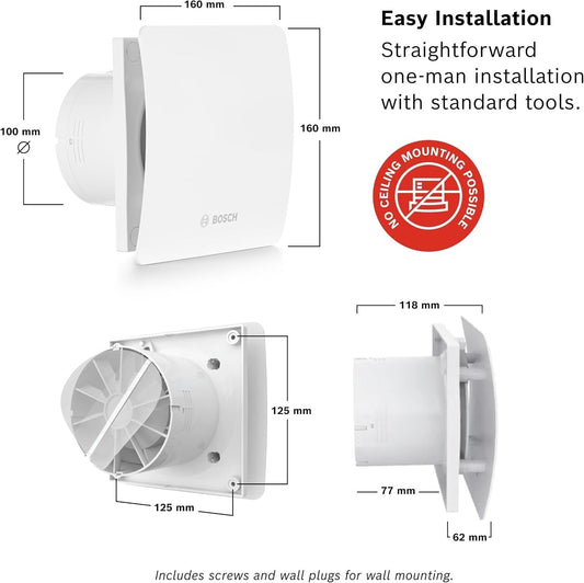 Bosch Silent Extractor Fan Bathroom 125mm 1500W Wall Anti Mould Vent White