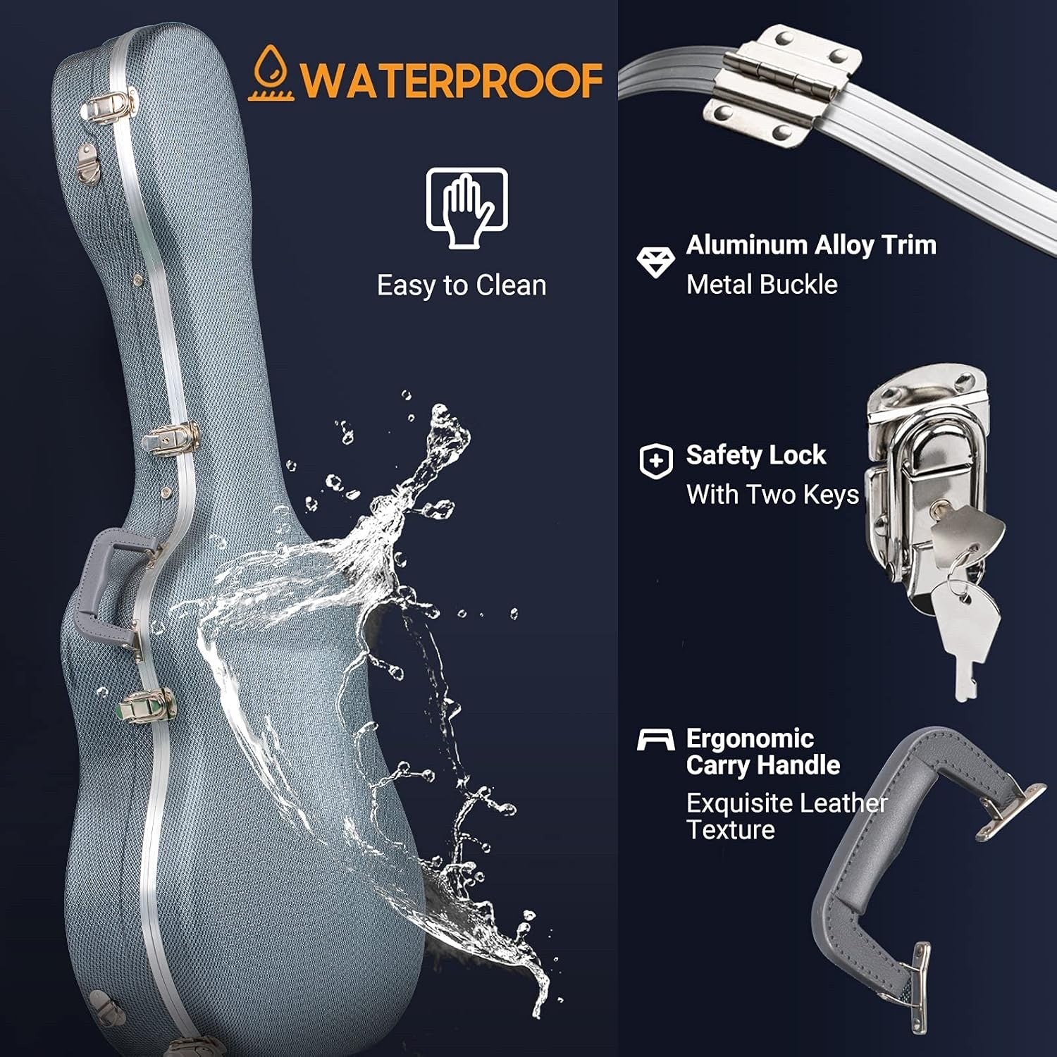 41in ABS Waterproof Acoustic Guitar Hard Case 0.6in Padding Navy CY0247 Classics