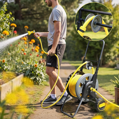 Garden Hose Reel Cart 30m Wheeled Trolley Rewind Handle 2m Leader Hose Spray Gun