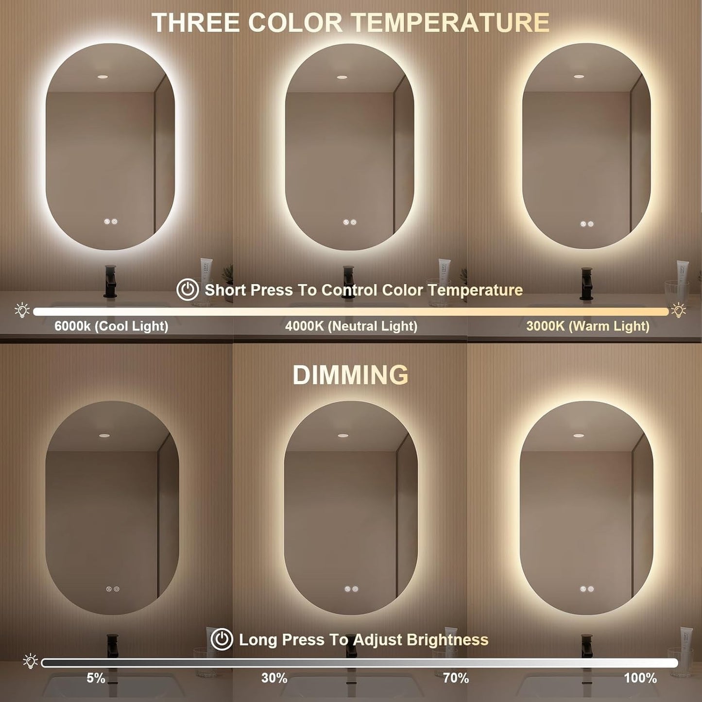 LED Bathroom Mirror Oval 500x800mm Anti Fog Dimmable 3 Color Backlit Vanity