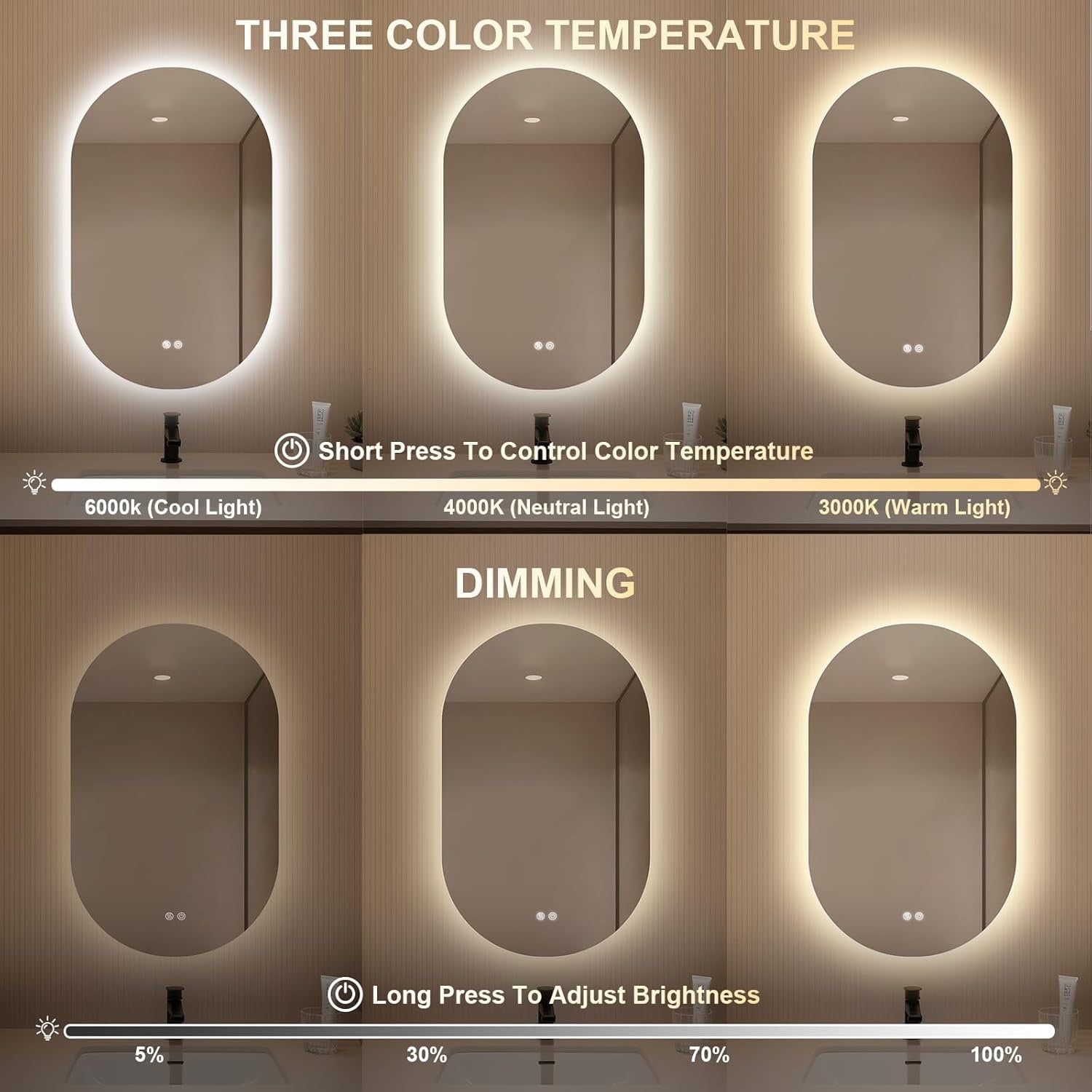 LED Bathroom Mirror Oval 500x800mm Anti Fog Dimmable 3 Color Backlit Vanity