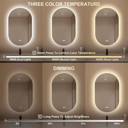 LED Bathroom Mirror Oval 500x800mm Anti Fog Dimmable 3 Color Backlit Vanity