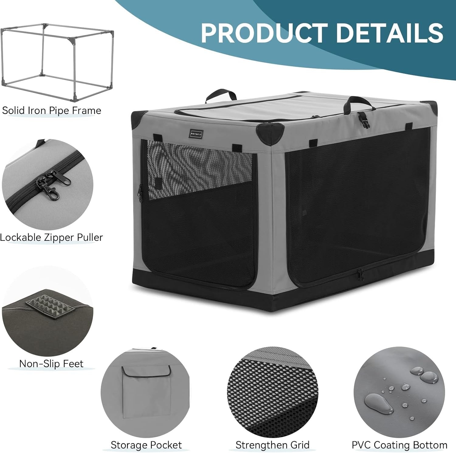 Dog Crate Foldable Travel Pet Cage Medium Soft 76x50x49cm 3 Door Grey Fabric