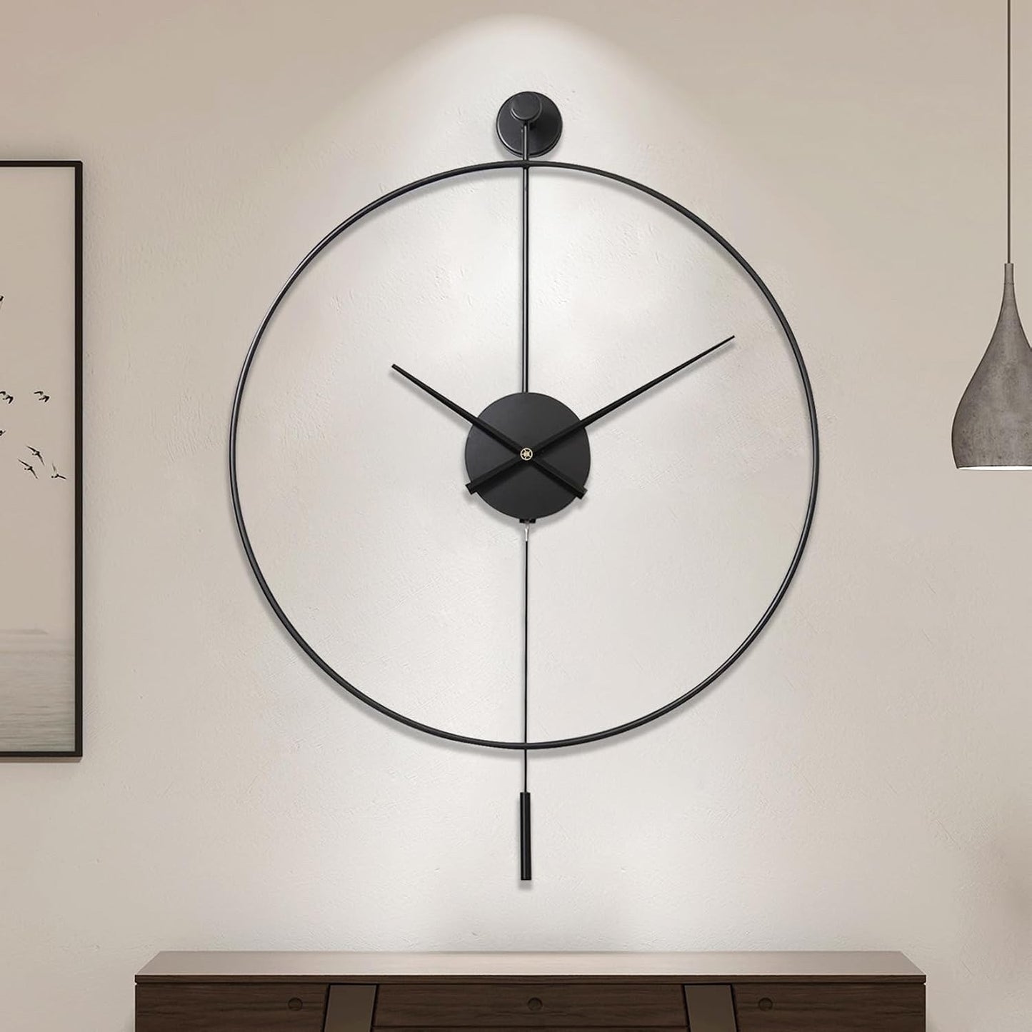 Large Wall Clock Pendulum Silent 60cm Black Modern Metal Analogue Home Decor