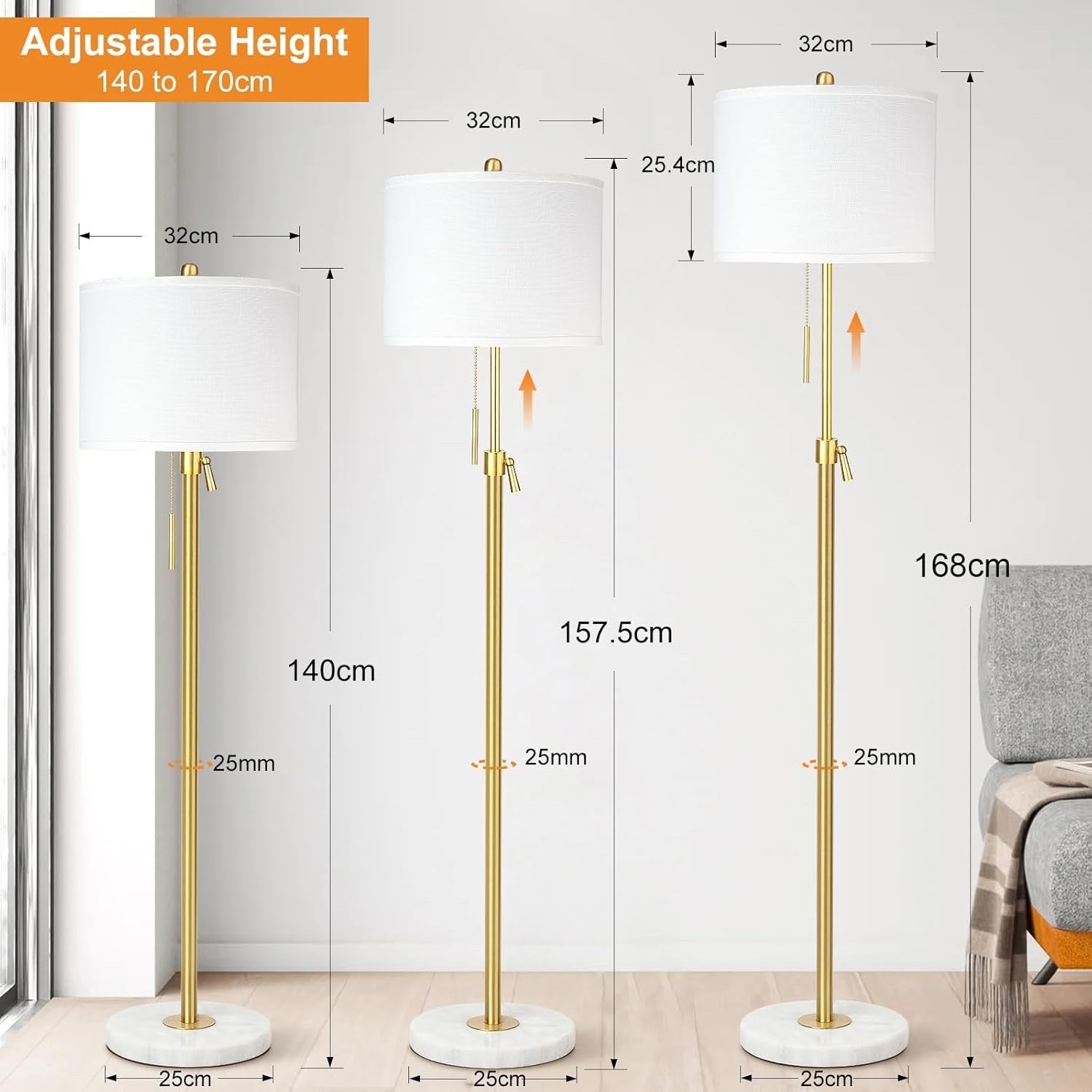 Modern Gold Floor Lamp with Lampshade 3 Colour Lighting Living Room