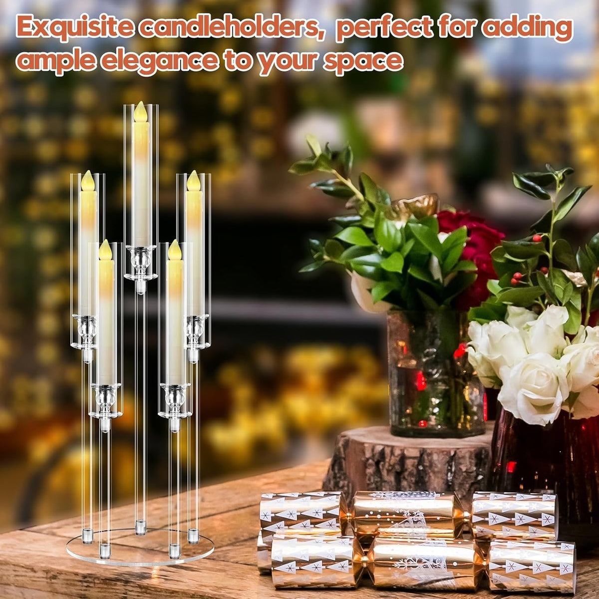 Candelabra Candle Holders 6 Sets 5 Arm Clear Acrylic 68cm Wedding LED Candles