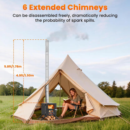 Wood Burning Stove Portable Tent Camping Mini Alloy Steel Chimney Cooking Black
