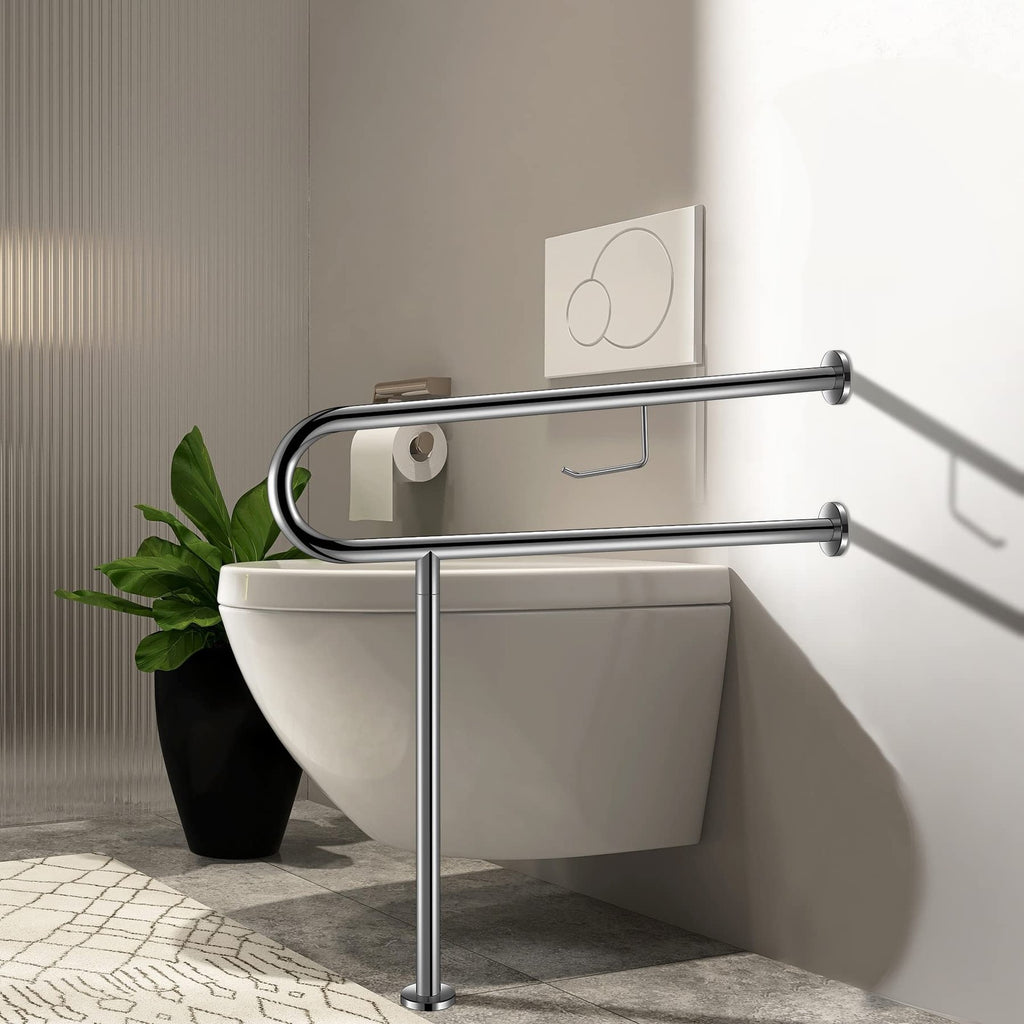 80cm Bathroom Grab Rail Toilet Support Handle Chrome Safety Bar w Paper Holder