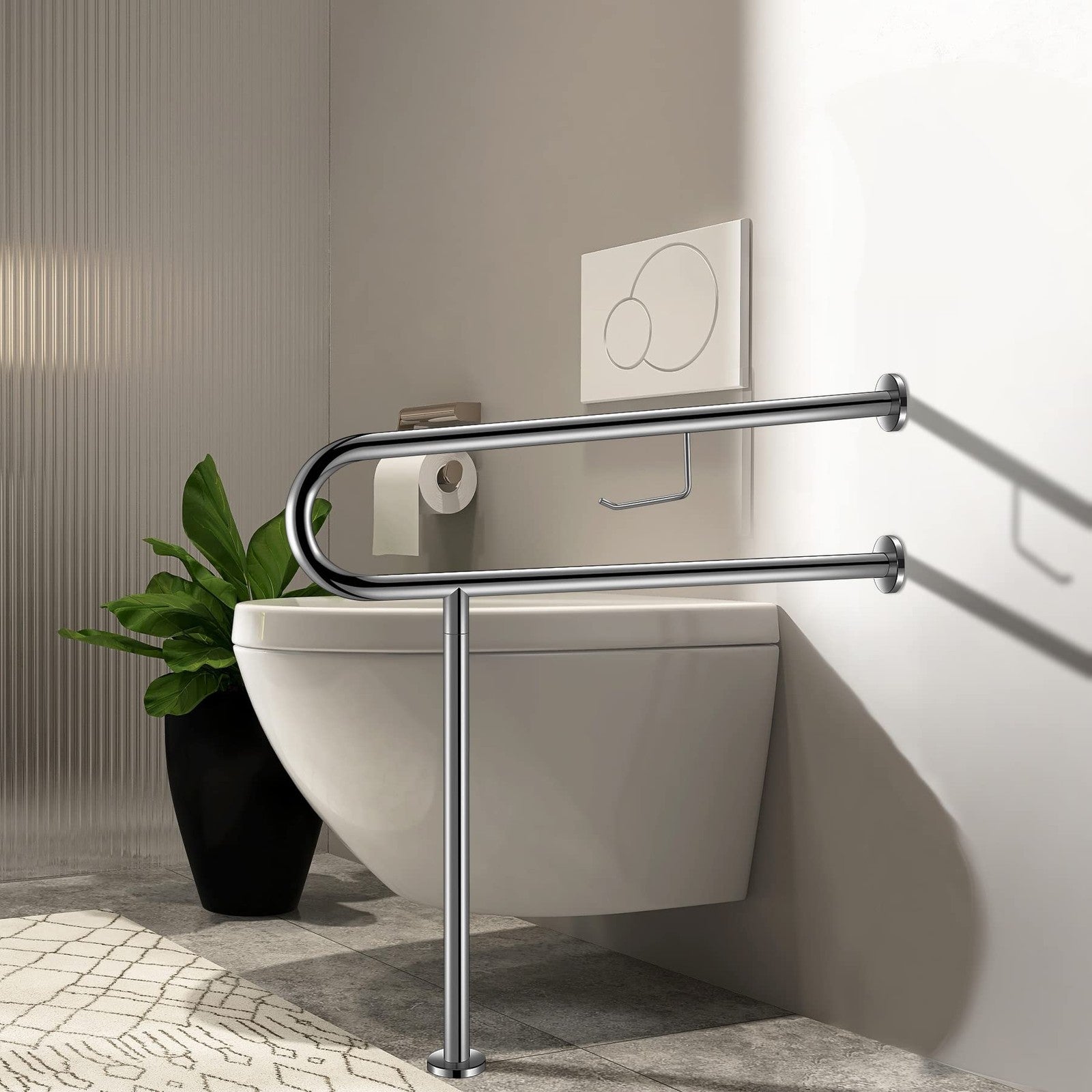 80cm Bathroom Grab Rail Toilet Support Handle Chrome Safety Bar w Paper Holder