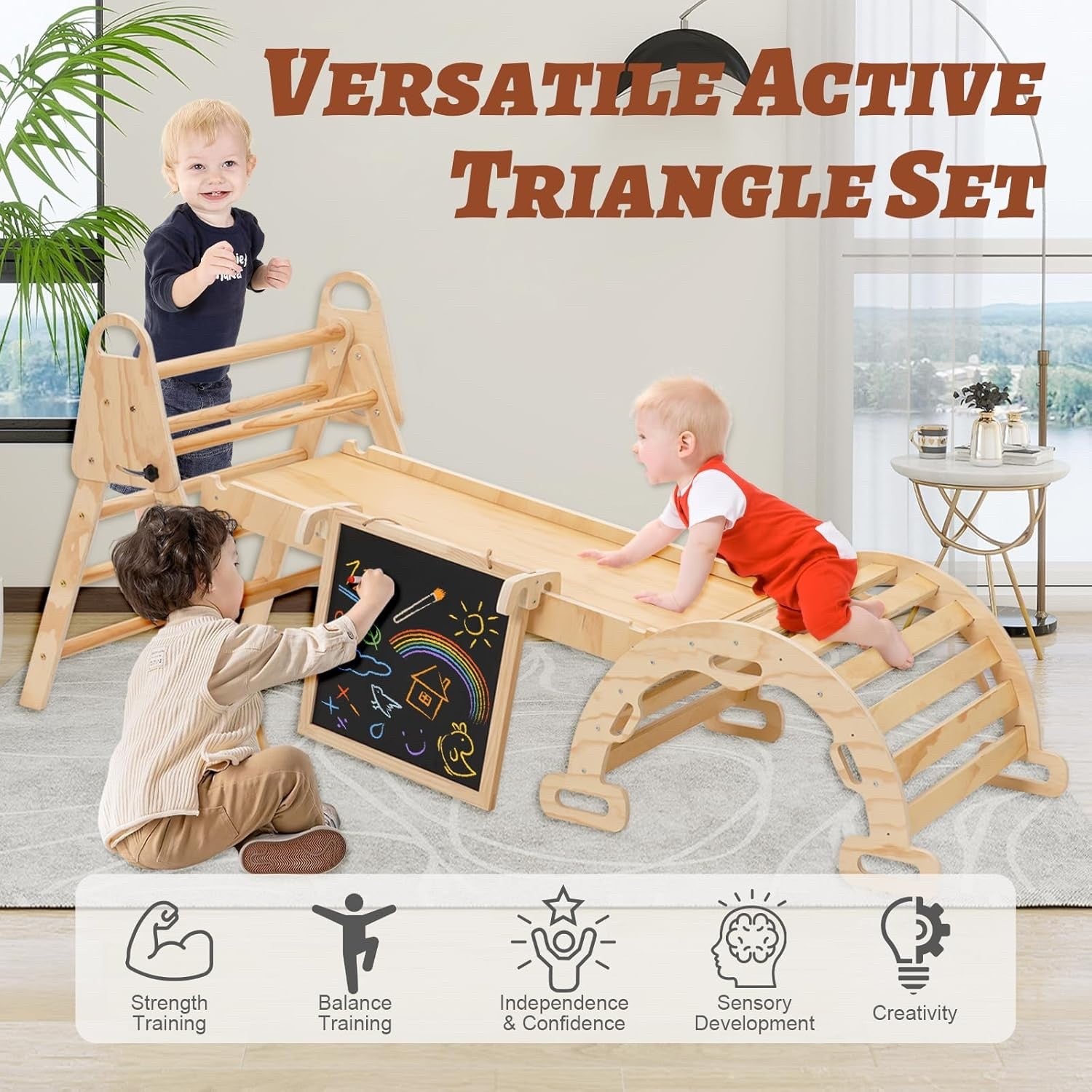 Toddler Climbing Frame Pikler Triangle Wooden Foldable Montessori Slide Arch Set