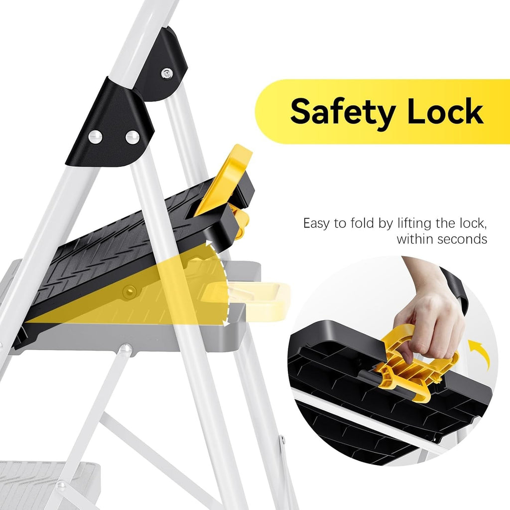 3 Step Folding Ladder Step Stool 800lb Capacity Safety Lock Handrail